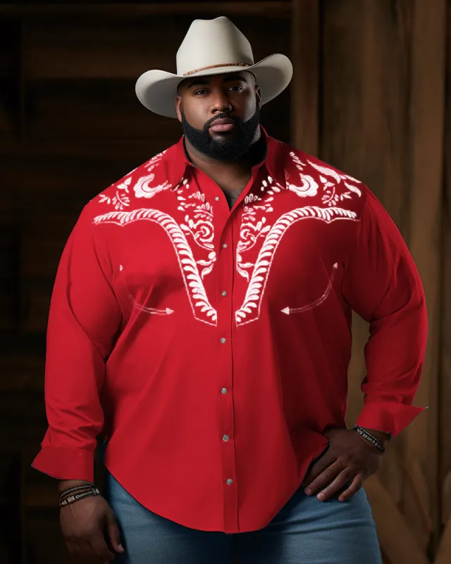 Big Men's Causal Western Embroidered Red Long Sleeve Shirt sold by Biggmans