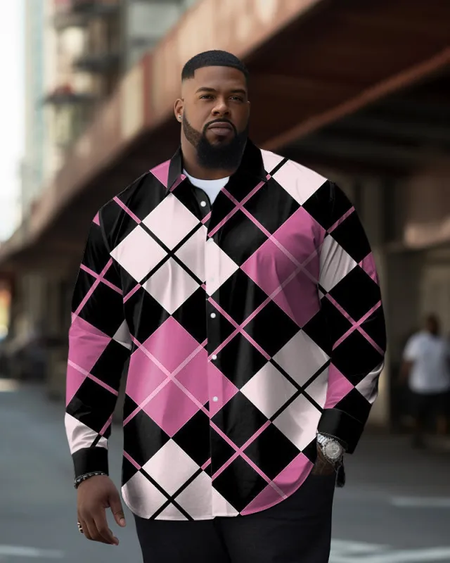 Big Men's Diamond Plaid Color Matching Long Sleeve Shirt sold by Biggmans
