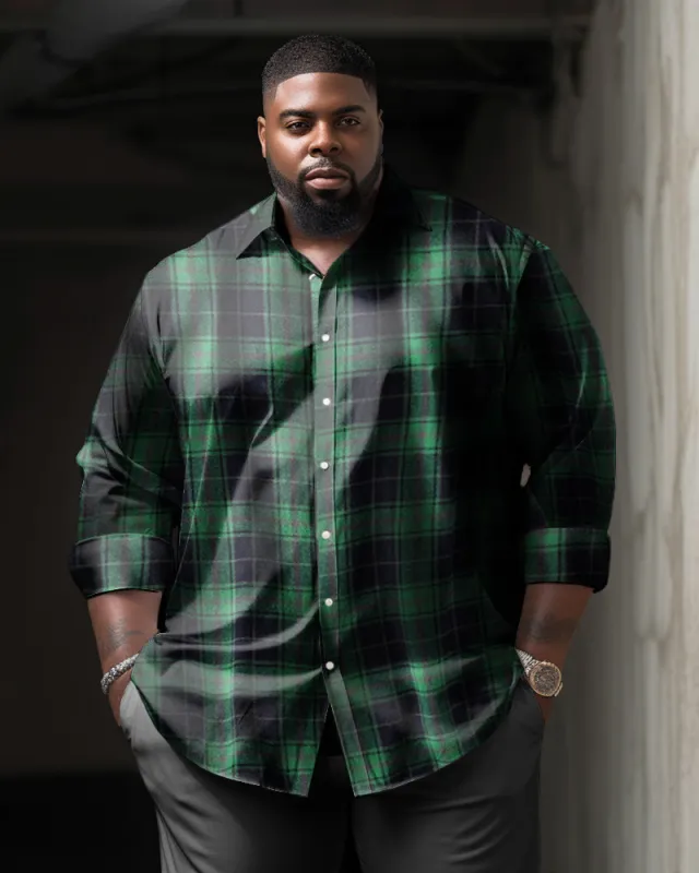 Big Men's Classic Casual Black Green Plaid Long Sleeve Lapel Shirt sold by Biggmans