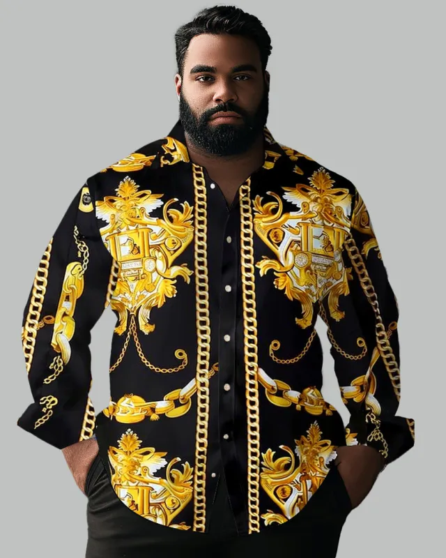 Retro Geometric Pattern Lapel Long Sleeve Shirt Guys Big and Tall sold by Biggmans