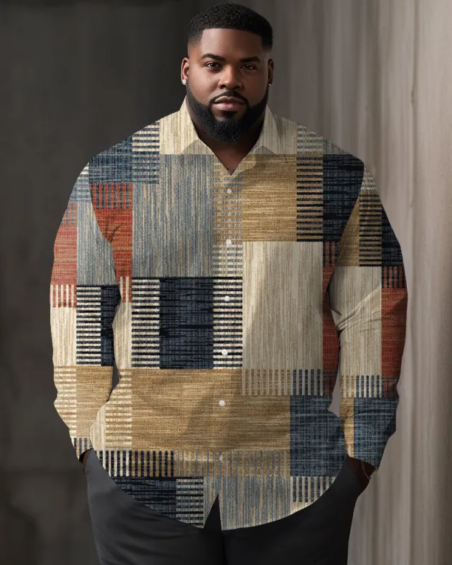 Big Men's Casual Striped Squares Print Lapel Long Sleeve Shirt sold by Biggmans