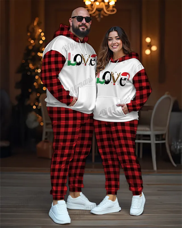 Couple Matching Plus Size Christmas Love Plaid Hoodie Sweatpants Set sold by Biggmans