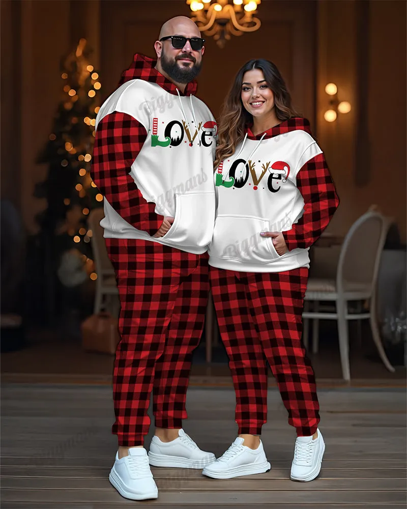 Couple Matching Plus Size Christmas Love Plaid Hoodie Sweatpants Set sold by Biggmans