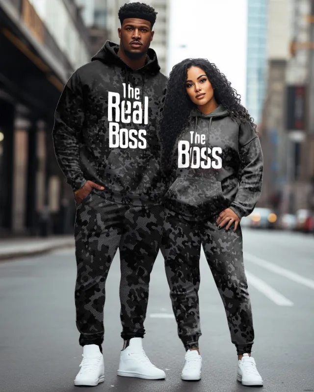 Couple Outfits Big & Tall Real Boss Funny Text Camouflage Hoodie Set sold by Biggmans