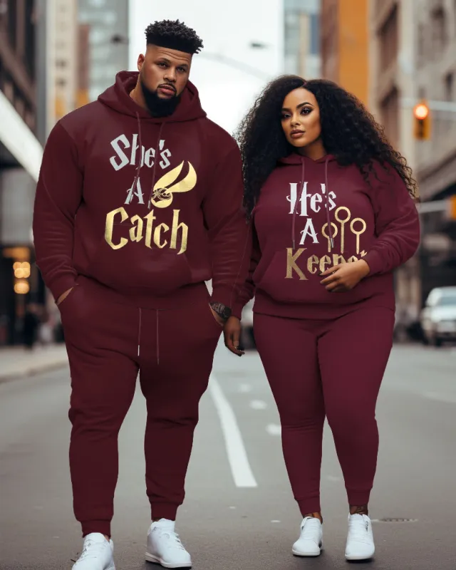 Couple Matching Big & Tall Casual Hoodie Set "She's a Catch-He's a Keep" sold by Biggmans