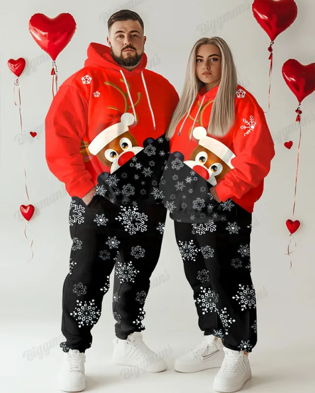 Couple Fashion Casual Big & Tall Auspicious Deer Pattern Snowflake Print Hoodie Set sold by Biggmans
