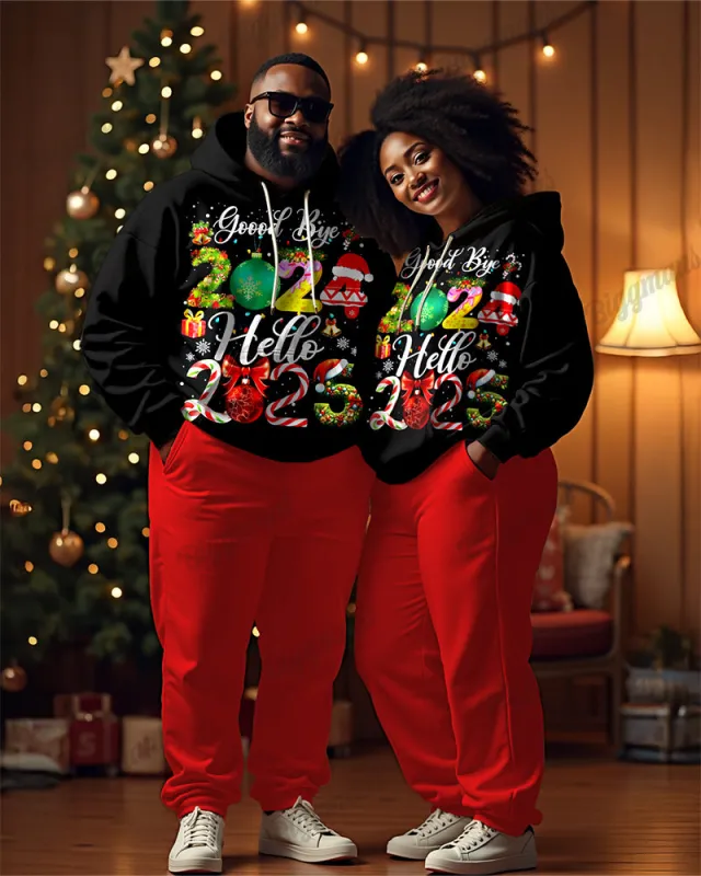 Couple Fashion Casual Big & Tall Christmas New Year Printed Hoodie Set sold by Biggmans