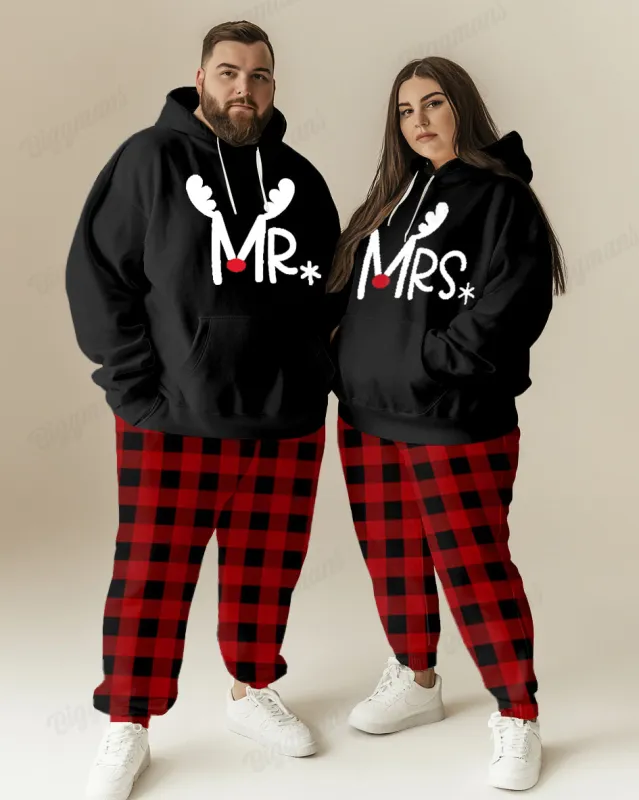 Couple Fashion Casual Big and Tall Simple Plaid Christmas Letter Print Hoodie Set sold by Biggmans