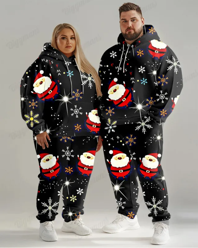 Couple Fashion Casual Big and Tall Black Christmas Print Hoodie Set sold by Biggmans