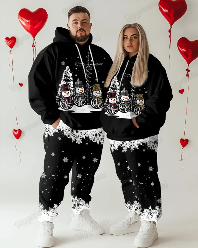 Couple Fashion Casual Big and Tall Snowman Partner Pattern Printed Hoodie Set sold by Biggmans