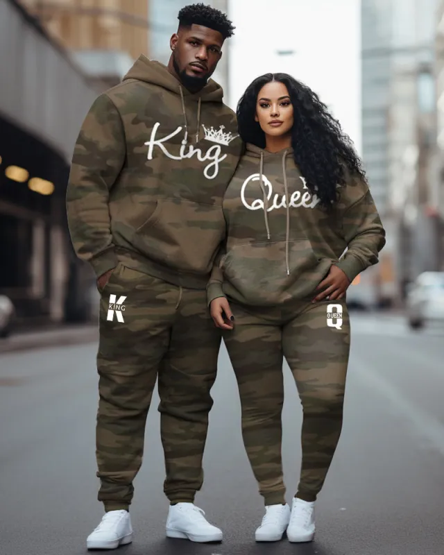 Couple Big and Tall Casual Outfit Camouflage Graffiti King Queen Hoodie Set sold by Biggmans