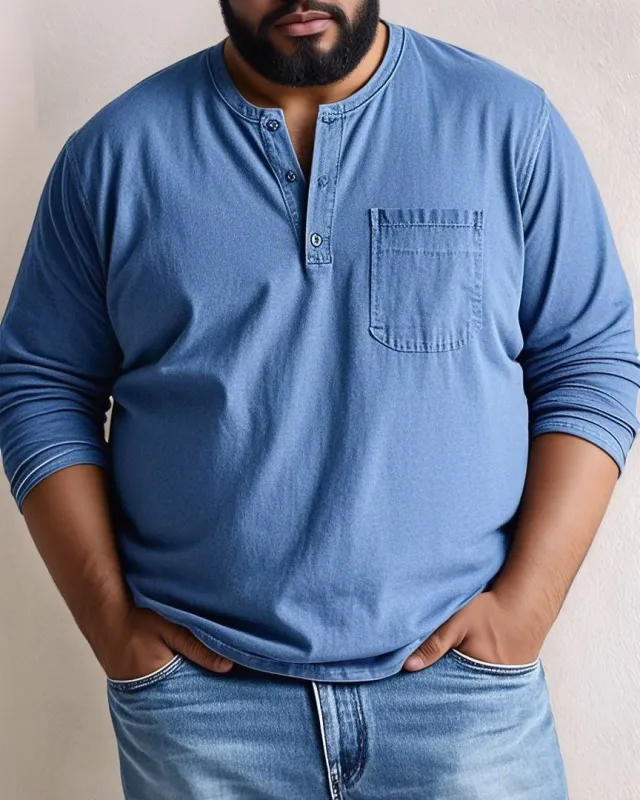 Men's Plus Size Solid Henley Pocket Long Sleeve T-Shirt sold by Biggmans