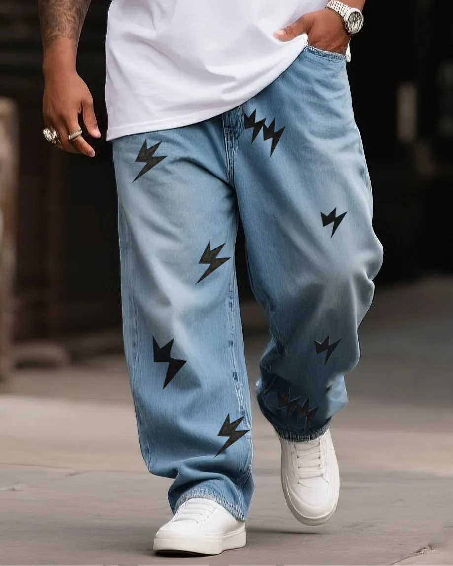 Plus Size Boys 2025 Fashion Street Lightning Print Jeans sold by Biggmans