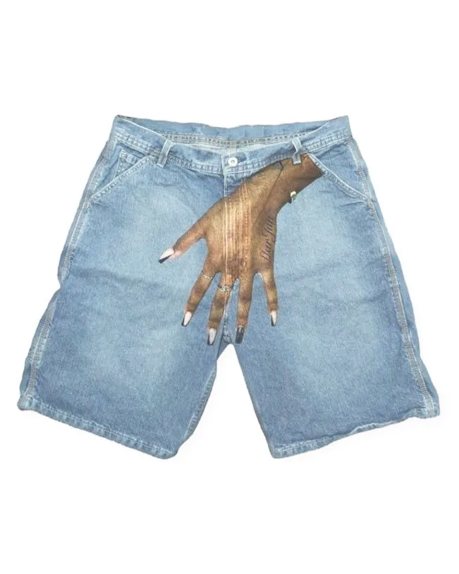 Plus Size Men Street Fashion Fantasy Girl Hand Print Denim Shorts sold by Biggmans