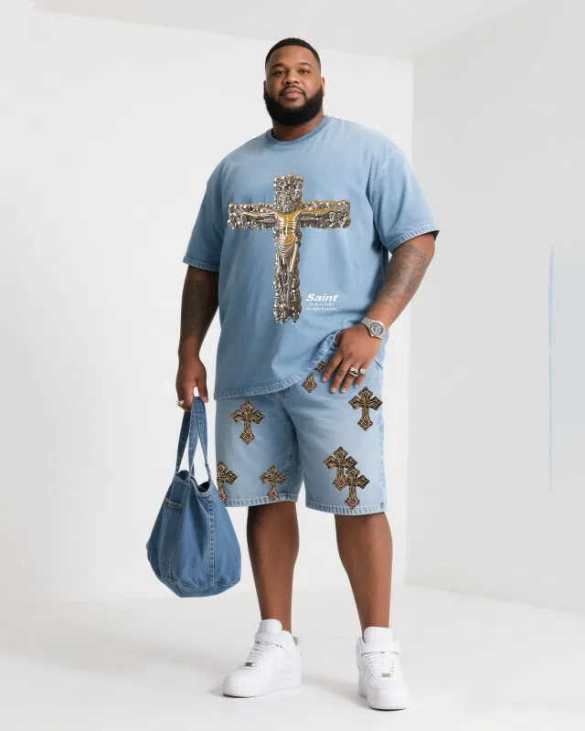 Big Shit Fashion Street Faith Cross Print Short Sleeve Shorts Denim Suit sold by Biggmans