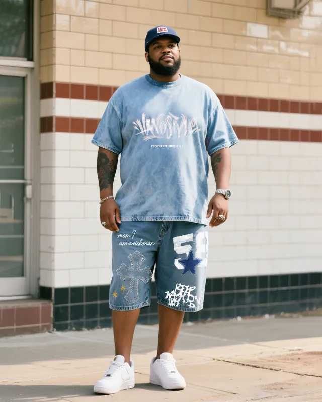 Big Shit Fashion Street Printed Short Sleeve Shorts Denim Suit sold by Biggmans