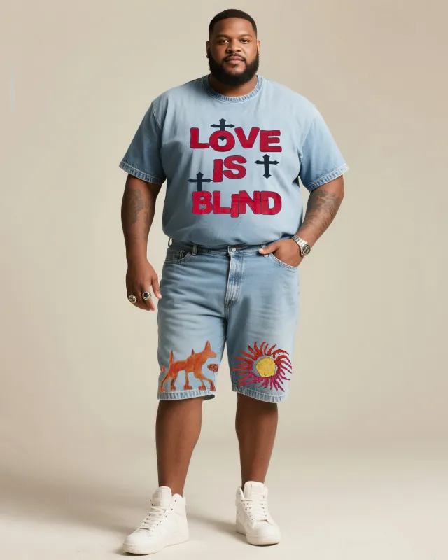 Big Shot Fashion Street Letter Love Is Blind Print Short Sleeve Shorts Denim Suit sold by Biggmans