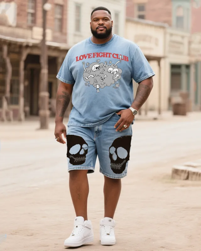 Big Shit Fashion Street Skull Battle Print Short Sleeve Shorts Denim Suit sold by Biggmans
