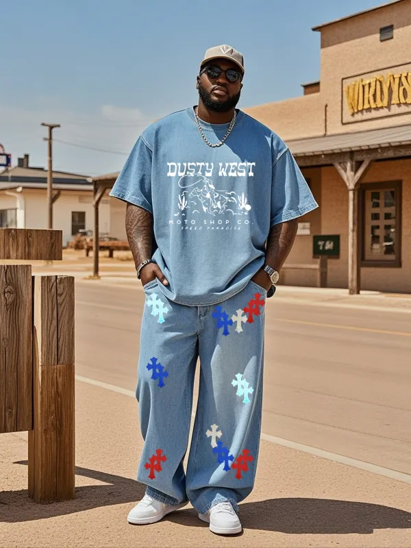 Plus Size Men's Daily Casual Cross Print Denim T-Shirt Pants Suit sold by Biggmans