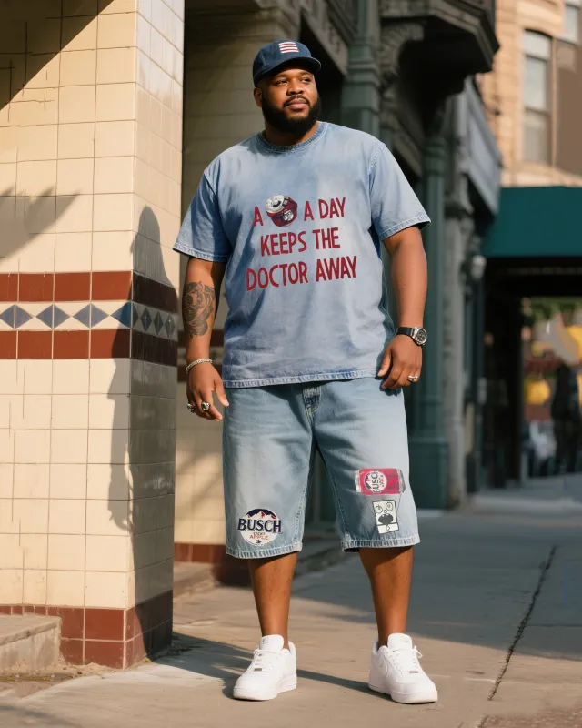 Big Man A Beer DAY KEEPS THE DOCTOR AWAY Printed Short Sleeve Shorts Denim Suit sold by Biggmans