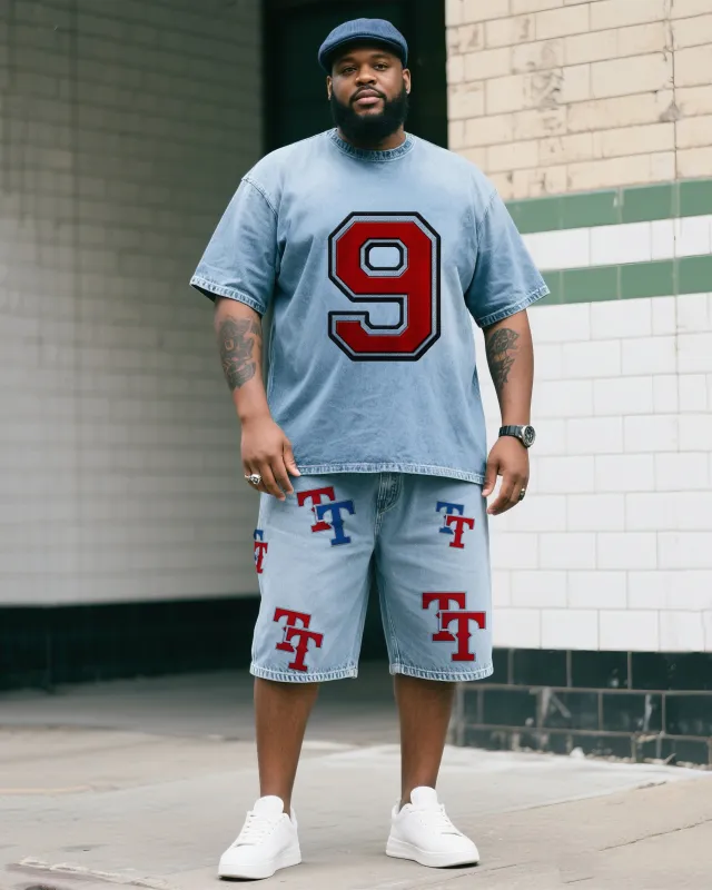Plus Size Boy's Figure 9 Print Short Sleeve Shorts Denim Suit sold by Biggmans