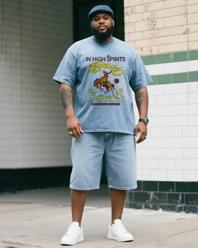 Plus Size Boy's Western Denim Creative Print Short Sleeve Shorts Denim Suit sold by Biggmans