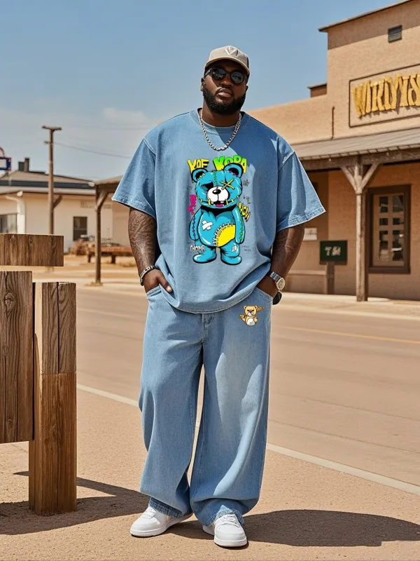 Plus Size Men's Street Fashion Explodes Beating Bear Denim T-Shirt Pants Suit sold by Biggmans