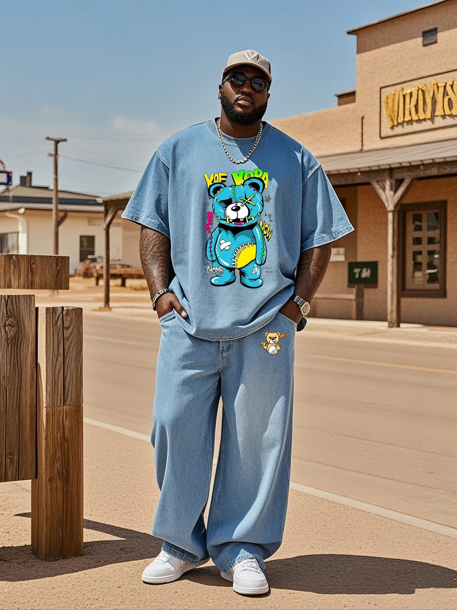Plus Size Men's Street Fashion Explodes Beating Bear Denim T-Shirt Pants Suit sold by Biggmans
