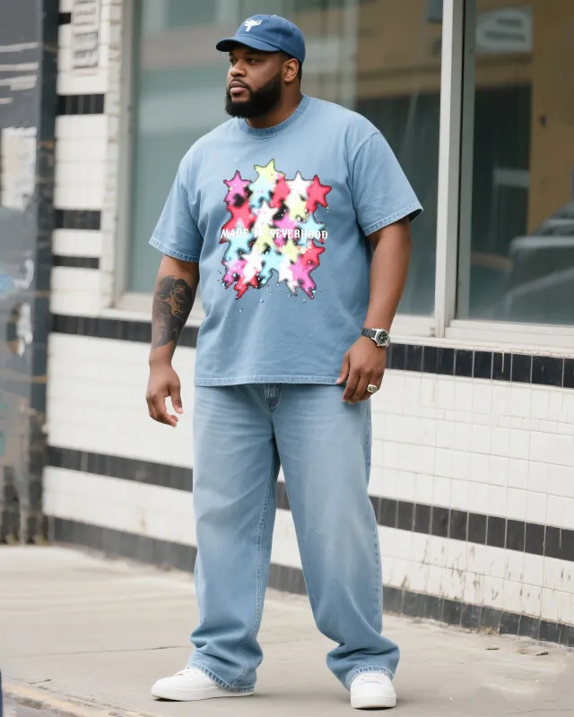 Plus Size Men's Daily Casual Color Star Denim T-shirt Pants Suit sold by Biggmans