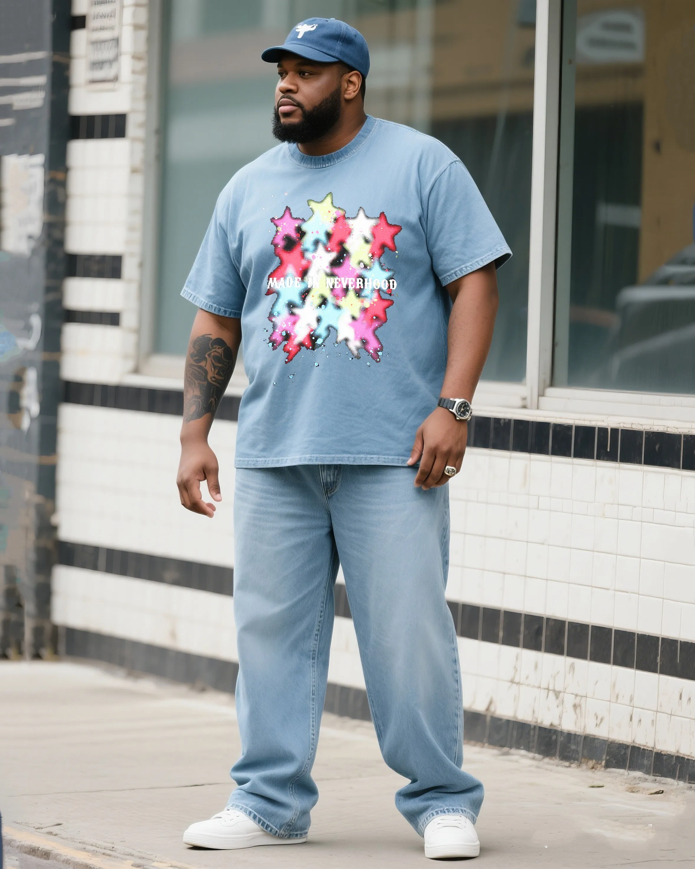 Plus Size Men's Daily Casual Color Star Denim T-shirt Pants Suit sold by Biggmans