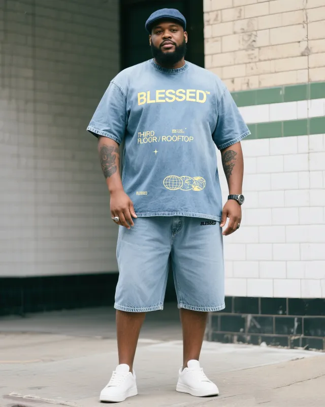 Plus Size Boy's Blessing Print Short Sleeve Shorts Denim Suit sold by Biggmans