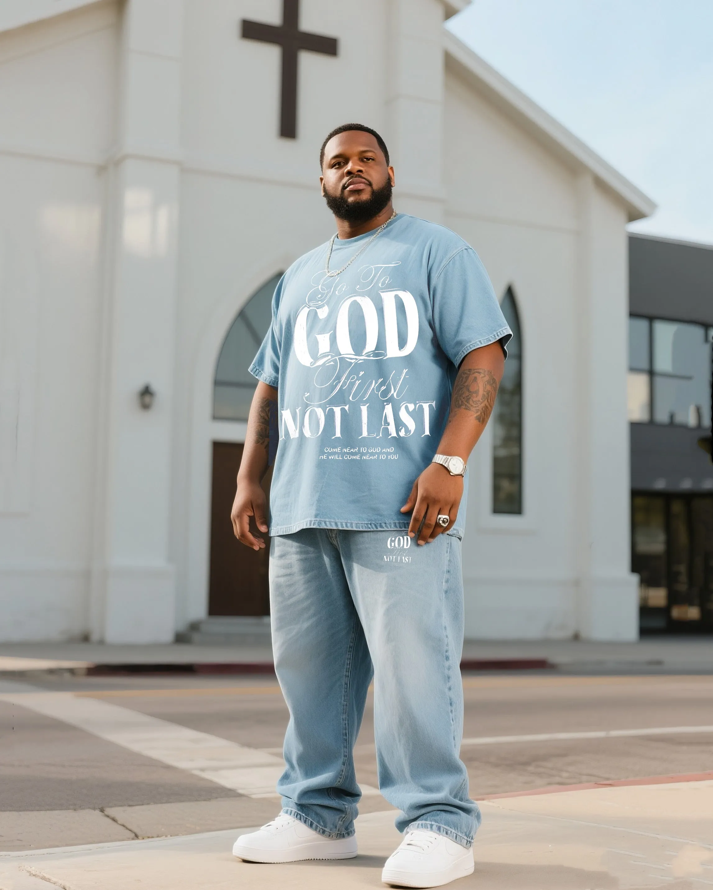 Plus Size Men GOD Denim T-shirt Pants Suit sold by Biggmans