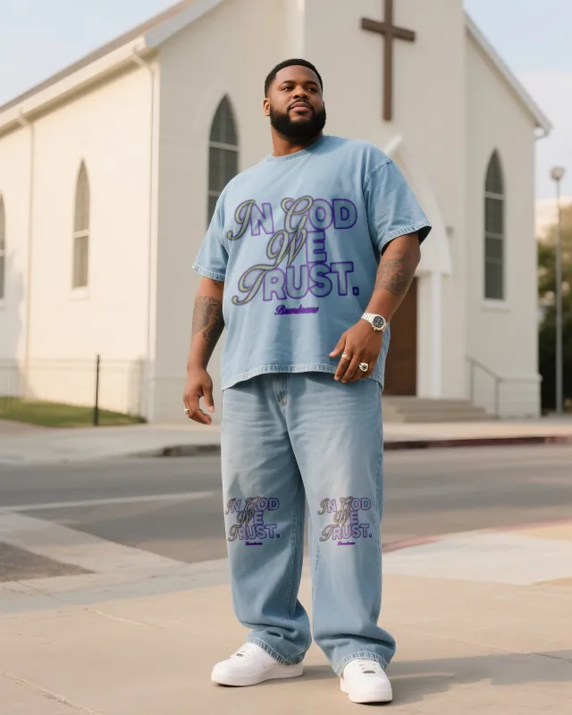 Plus Size Men's Faith Printed Denim T-Shirt Pants Suit sold by Biggmans