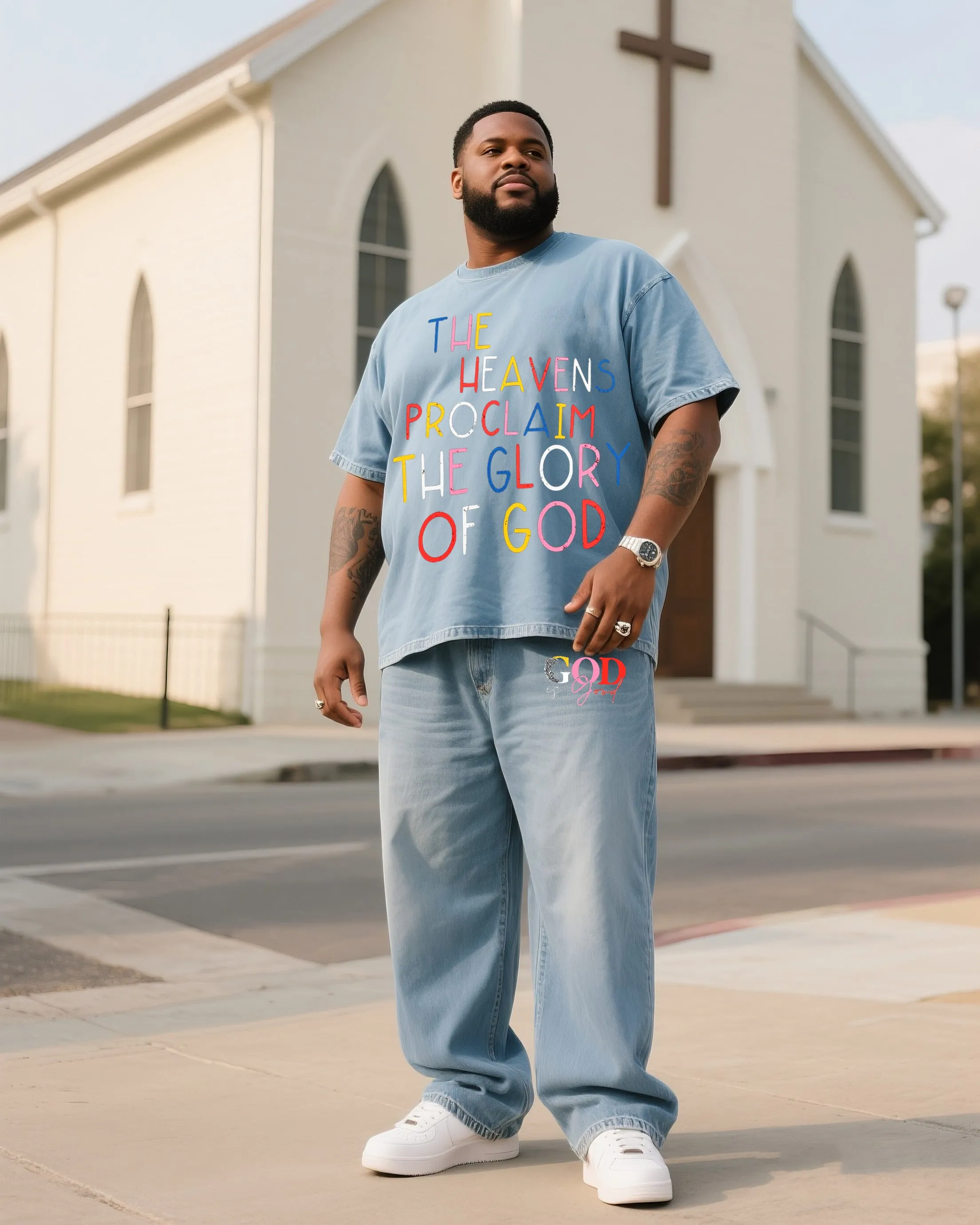 Plus Size Men Color Design GOD Denim T-Shirt Pants Suit sold by Biggmans