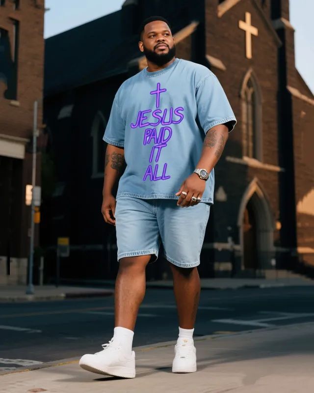 Plus Size Boys Jesus Paid It All Printed Short Sleeve Shorts Denim Suit sold by Biggmans