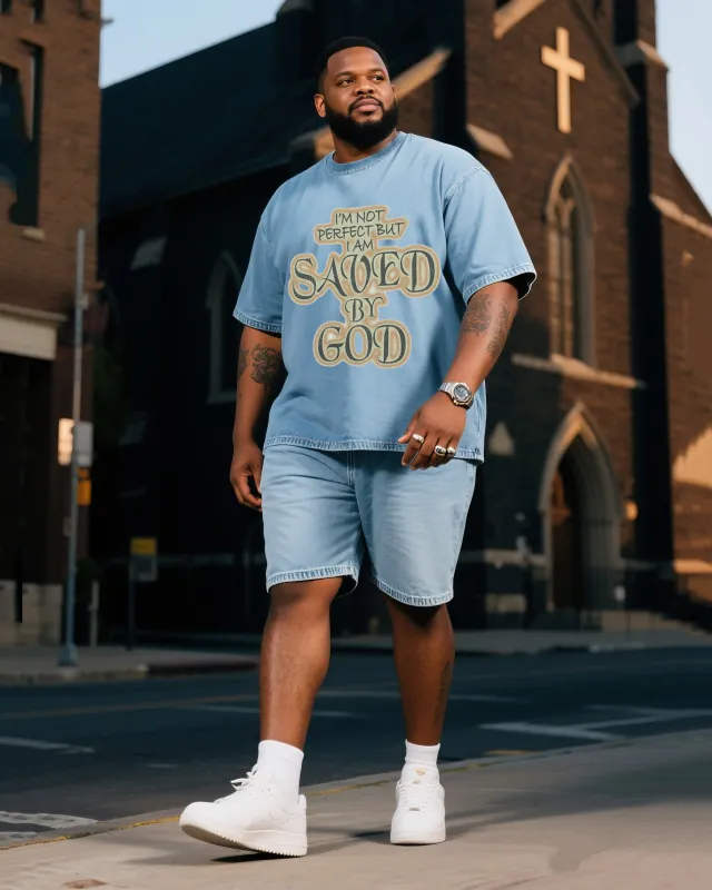 Plus Size Boy I'm Not Perfect But God Bless Me Short Sleeve Shorts Denim Suit sold by Biggmans