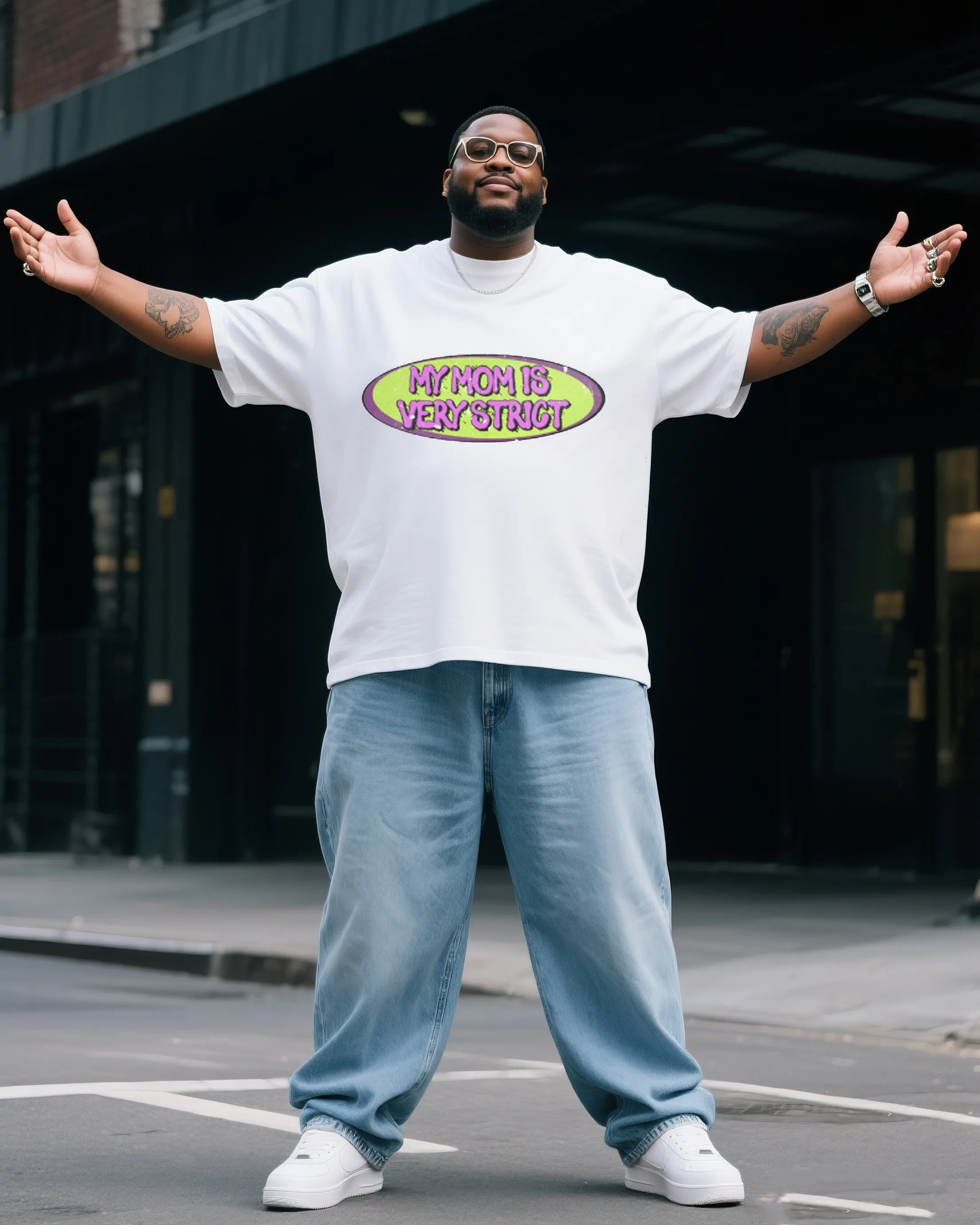 Plus Size Men My Mother Is Very Strict Creative Printed T-shirt Denim Pants Suit sold by Biggmans