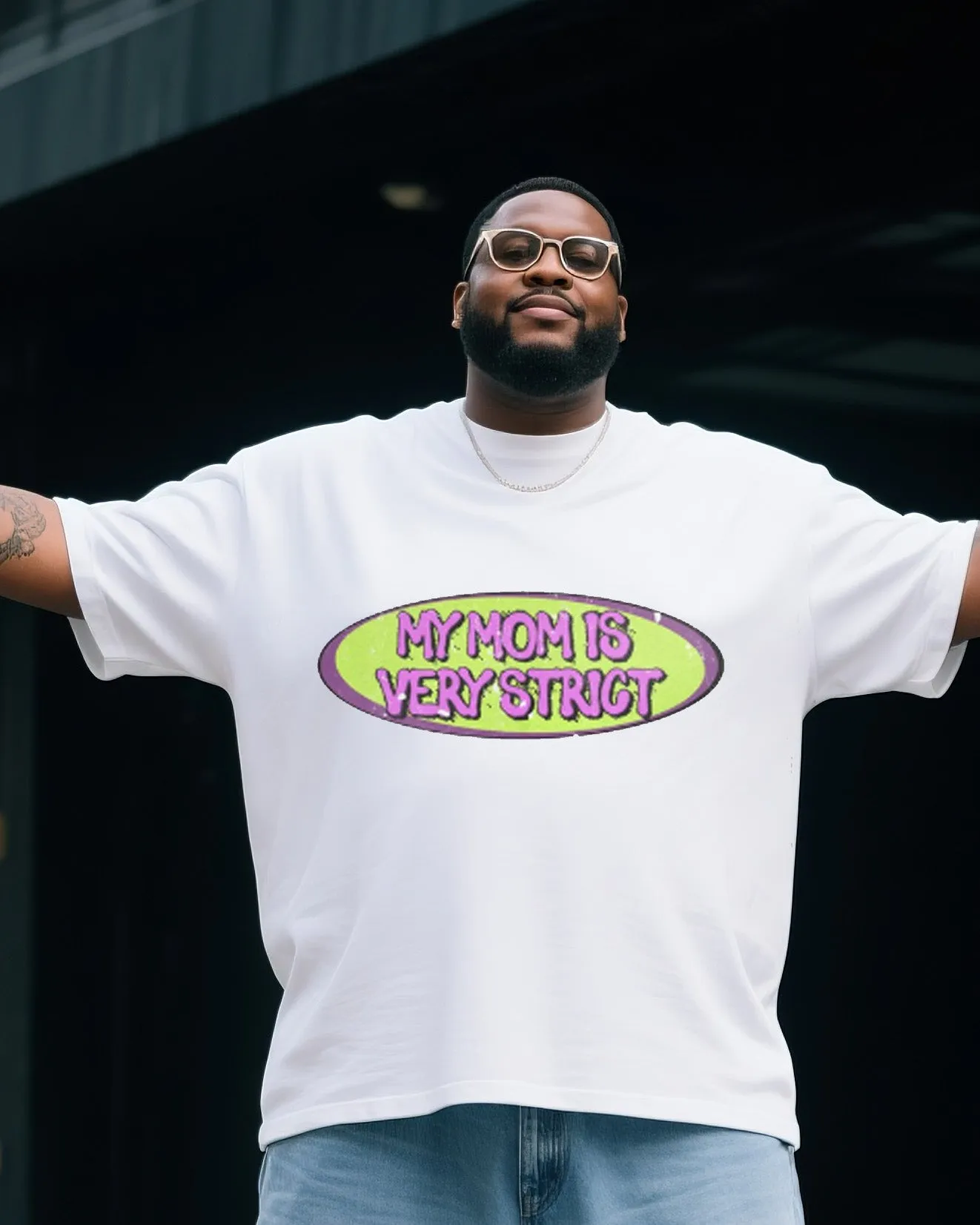 Plus Size Men My Mother Is Very Strict Creative Printed T-shirt Denim Pants Suit sold by Biggmans product image thumbnail 2