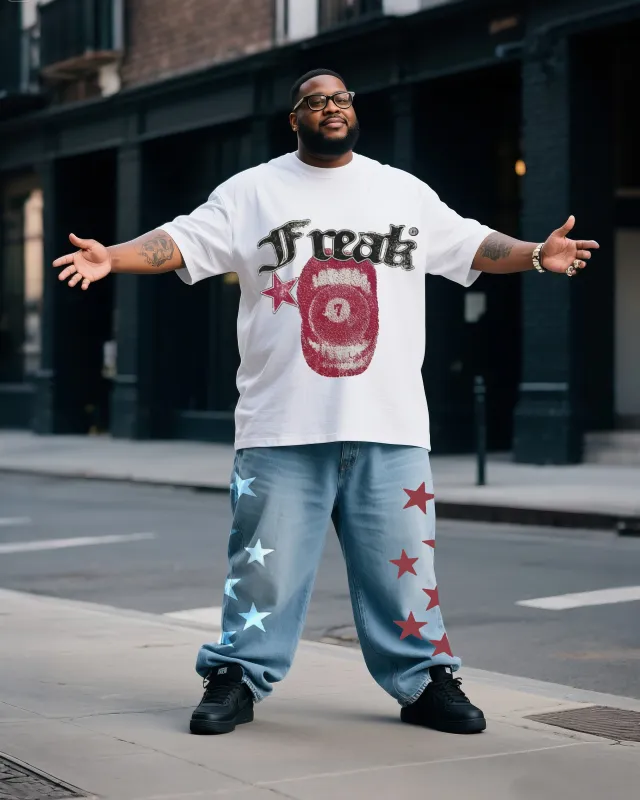 Plus Size Men's Personalized Mouth Printed T-Shirt Denim Pants Suit sold by Biggmans