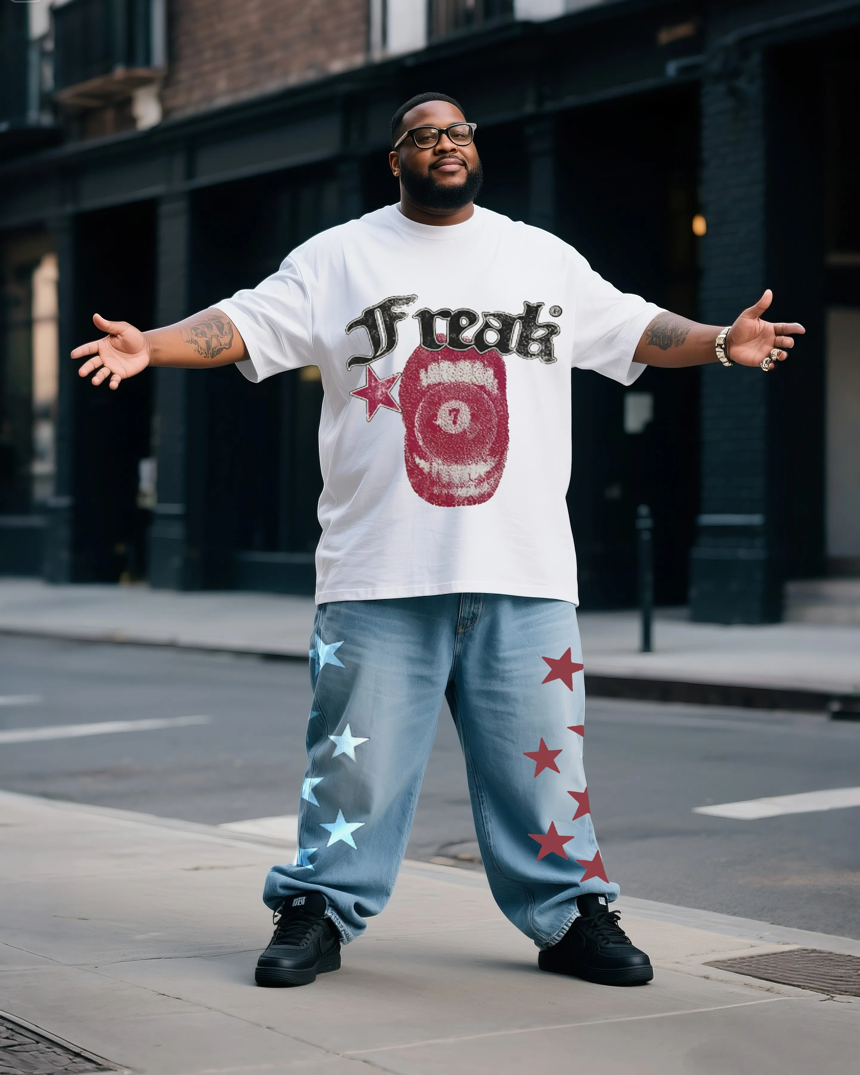 Plus Size Men's Personalized Mouth Printed T-Shirt Denim Pants Suit sold by Biggmans