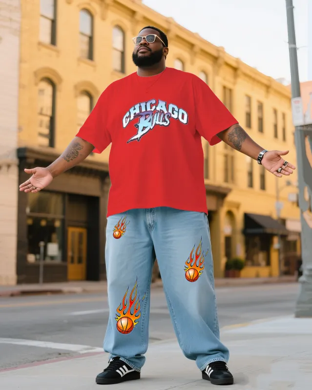 Plus Size Men's Chicago Bulls Creative Printed T-Shirt Denim Pants Suit sold by Biggmans