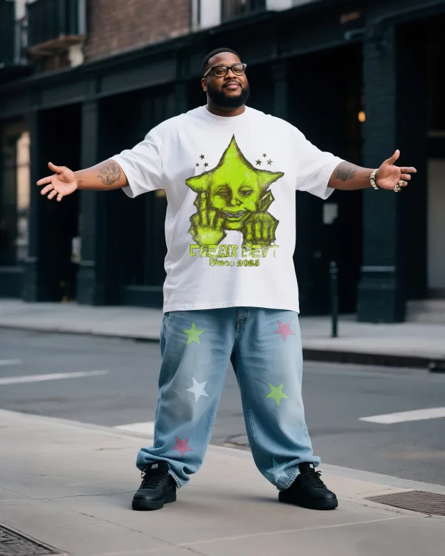 Plus Size Men's Personalized Creative Printed T-shirt Denim Pants Suit sold by Biggmans