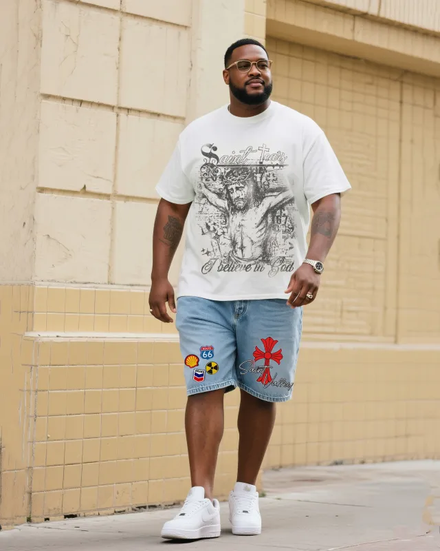 Big & Tall Men's Fashion Street Faith Jesus Short Sleeve T-Shirt Shorts Denim Suit sold by Biggmans