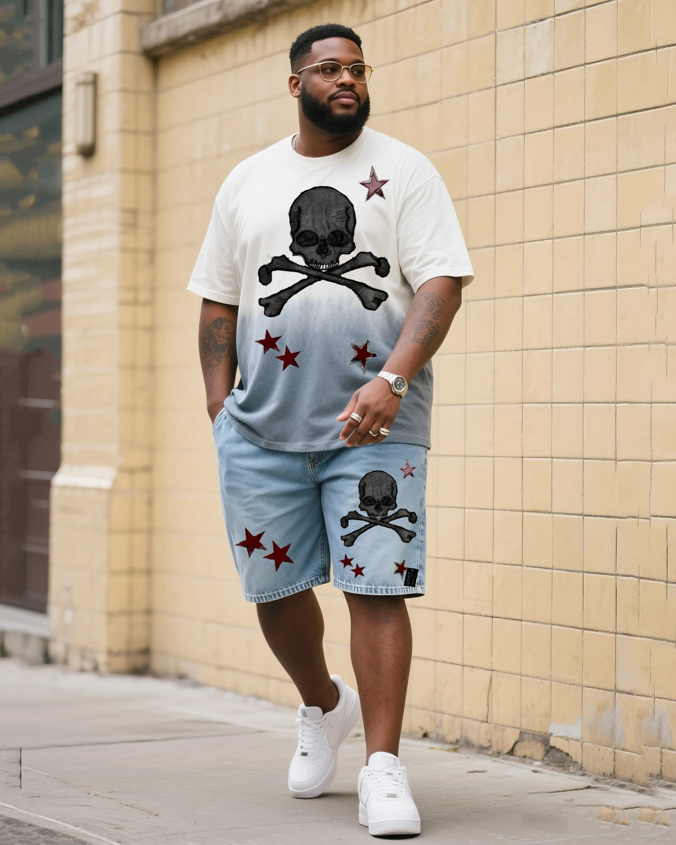 Big & Tall Men's Fashion Street Personality Skull And Star Gradient T-shirt Small Label Shorts Denim Suit sold by Biggmans