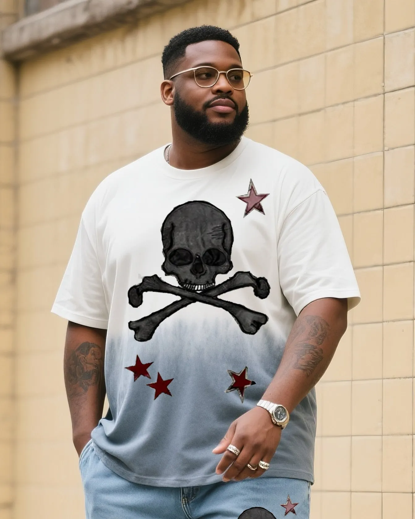 Big & Tall Men's Fashion Street Personality Skull And Star Gradient T-shirt Small Label Shorts Denim Suit sold by Biggmans product image thumbnail 2