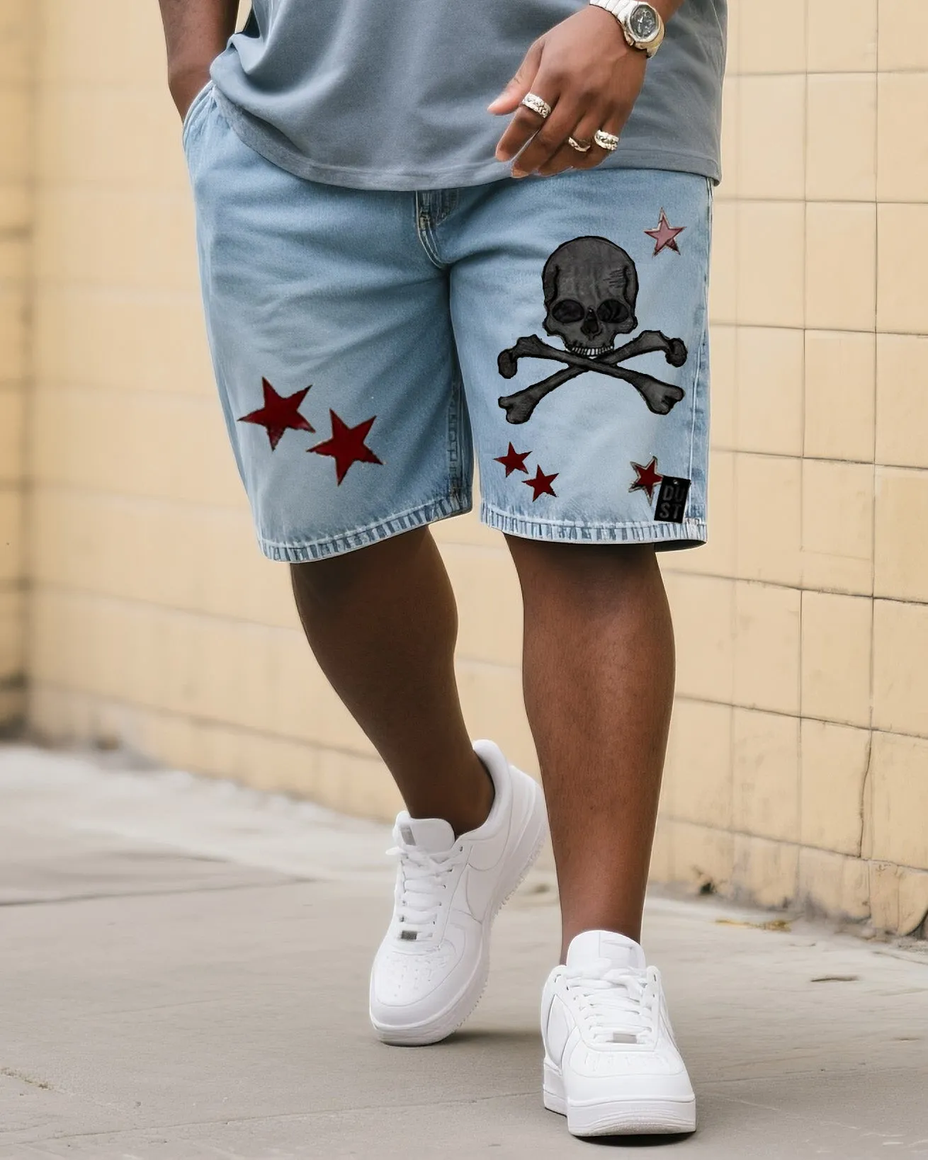 Big & Tall Men's Fashion Street Personality Skull And Star Gradient T-shirt Small Label Shorts Denim Suit sold by Biggmans product image thumbnail 3