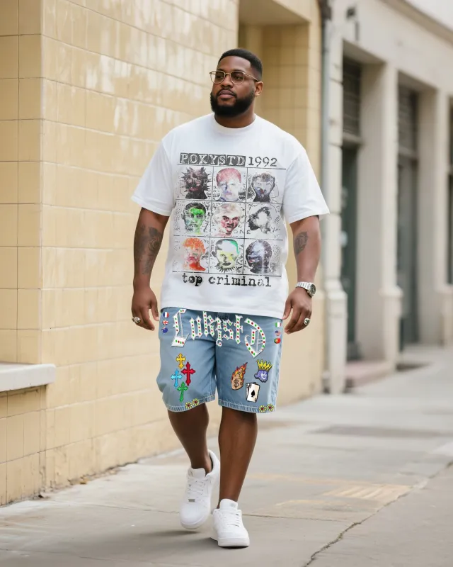 Big & Tall Men's Fashion Street Personality Original Short Sleeve T-shirt Shorts Denim Suit sold by Biggmans