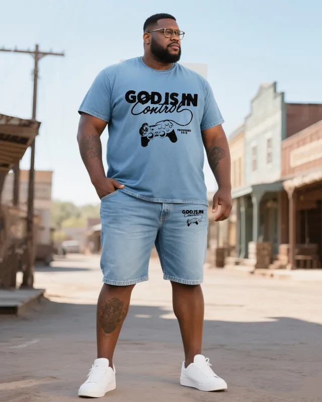 Big & Tall Men's God In Control. Shorts Denim Suit sold by Biggmans