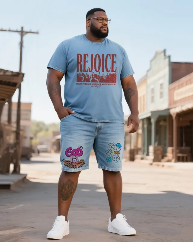 Big & Tall Men'sRejoice Short-sleeved T-shirt. Faith Collage Shorts Denim Suit sold by Biggmans