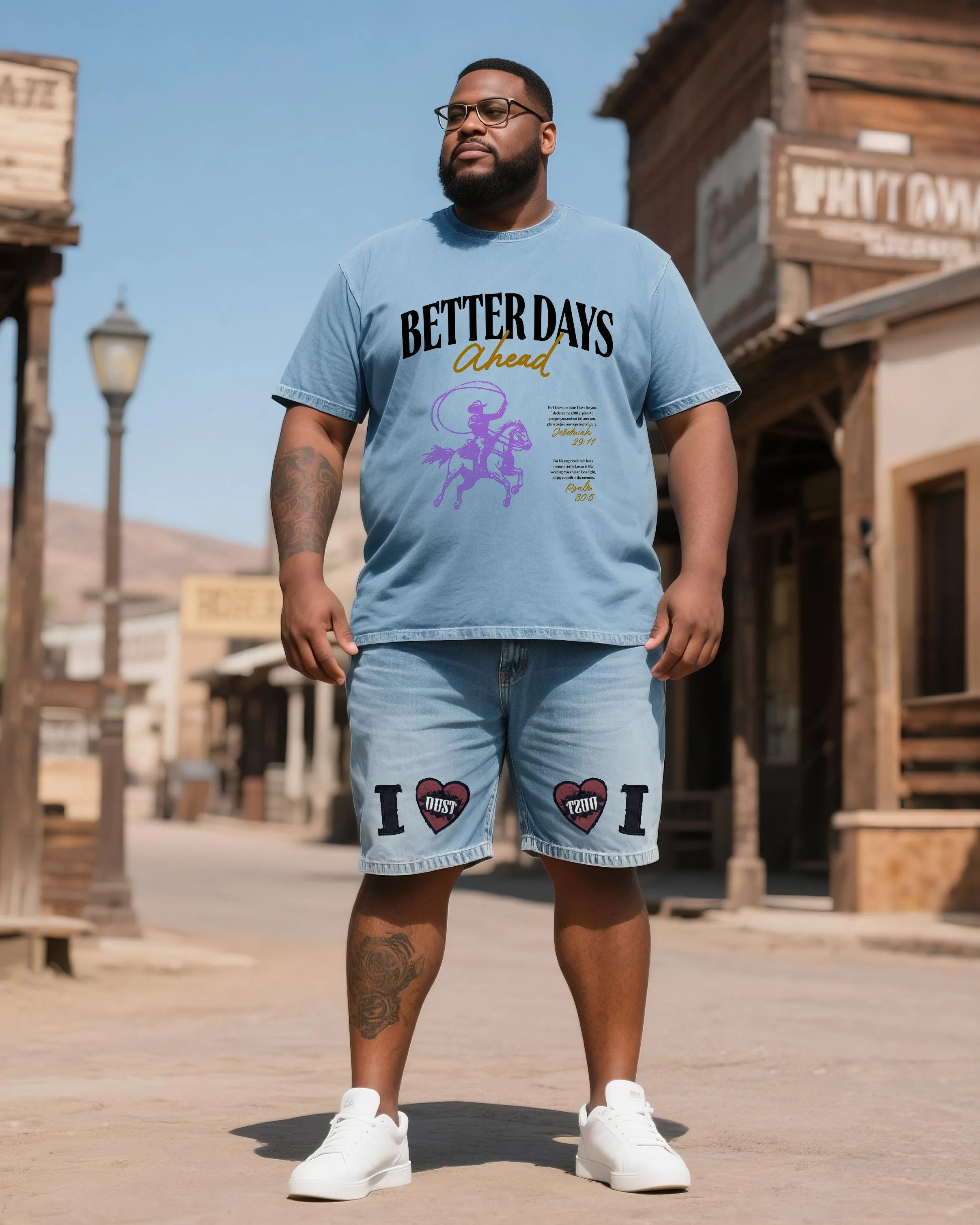Big & Tall Men's Western Printed Short Sleeve T-Shirt. Collage Shorts Denim Suit sold by Biggmans
